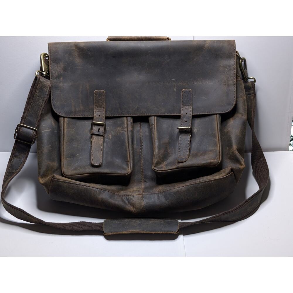 KomalC Distressed Leather Messenger Bag 20" Laptop Briefcase Brown Satchel